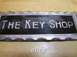 THE KEY SHOP Antique Reverse on Chip Scalloped Glass Advertising Sign ROG