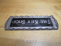 THE KEY SHOP Antique Reverse on Chip Scalloped Glass Advertising Sign ROG