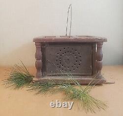 Tin foot warmer 20 hearts wood tin wire swing bail handle pierced punched heart