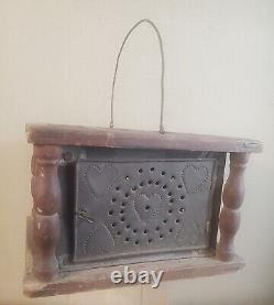 Tin foot warmer 20 hearts wood tin wire swing bail handle pierced punched heart