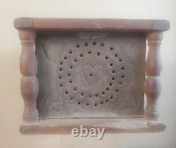 Tin foot warmer 20 hearts wood tin wire swing bail handle pierced punched heart