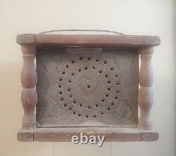 Tin foot warmer 20 hearts wood tin wire swing bail handle pierced punched heart