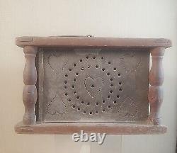 Tin foot warmer 20 hearts wood tin wire swing bail handle pierced punched heart