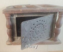 Tin foot warmer 20 hearts wood tin wire swing bail handle pierced punched heart