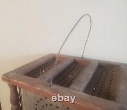 Tin foot warmer 20 hearts wood tin wire swing bail handle pierced punched heart