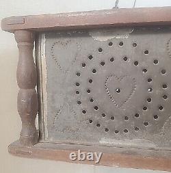 Tin foot warmer 20 hearts wood tin wire swing bail handle pierced punched heart