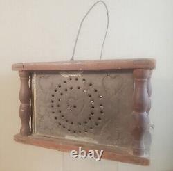 Tin foot warmer 20 hearts wood tin wire swing bail handle pierced punched heart