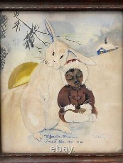 Unusual Antique Old American Folk Art Painting, Eskimo & Rabbit 1920 Signed