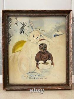 Unusual Antique Old American Folk Art Painting, Eskimo & Rabbit 1920 Signed