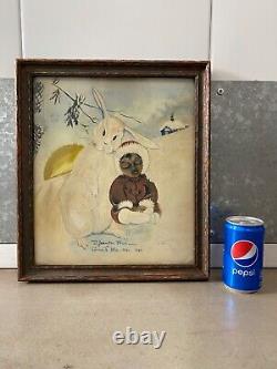 Unusual Antique Old American Folk Art Painting, Eskimo & Rabbit 1920 Signed