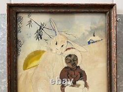 Unusual Antique Old American Folk Art Painting, Eskimo & Rabbit 1920 Signed