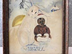 Unusual Antique Old American Folk Art Painting, Eskimo & Rabbit 1920 Signed