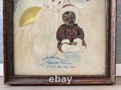 Unusual Antique Old American Folk Art Painting, Eskimo & Rabbit 1920 Signed