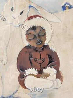 Unusual Antique Old American Folk Art Painting, Eskimo & Rabbit 1920 Signed