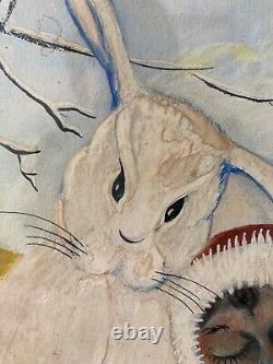 Unusual Antique Old American Folk Art Painting, Eskimo & Rabbit 1920 Signed