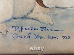 Unusual Antique Old American Folk Art Painting, Eskimo & Rabbit 1920 Signed