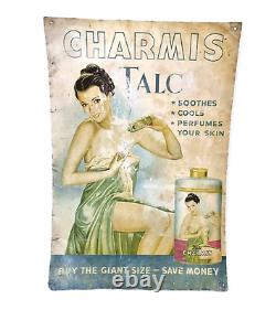 VINTAGE OLD ANTIQUE RARE CHARMIS TALC POWDER LITHO TIN SIGN BOARD, Collectible