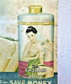 VINTAGE OLD ANTIQUE RARE CHARMIS TALC POWDER LITHO TIN SIGN BOARD, Collectible