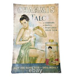 VINTAGE OLD ANTIQUE RARE CHARMIS TALC POWDER LITHO TIN SIGN BOARD, Collectible