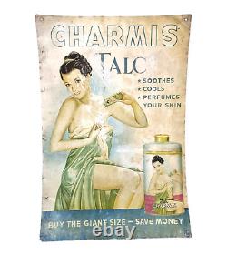 VINTAGE OLD ANTIQUE RARE CHARMIS TALC POWDER LITHO TIN SIGN BOARD, Collectible