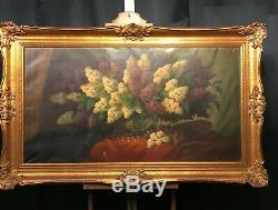 Very Large Huge Old Vintage Oil Painting Still Life, Flowers, Ornate Frame