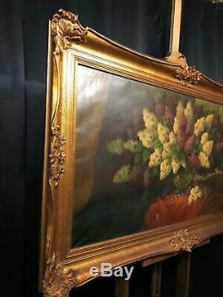 Very Large Huge Old Vintage Oil Painting Still Life, Flowers, Ornate Frame