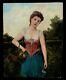 Very Old 1800's Antique 16x20 Oil Painting Portrait Of Young Woman Fruit Flowers