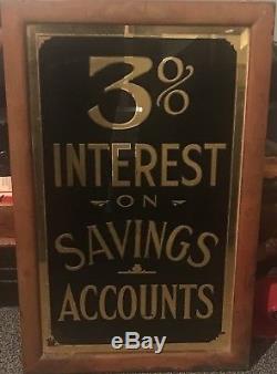 Very Old Antique Reverse Painted Glass Banking Interest Sign Chicago Bank