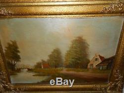 Very old oil painting, Landscape with a river & cottages, nice frame! Antique