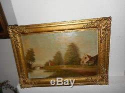 Very old oil painting, Landscape with a river & cottages, nice frame! Antique