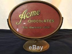 Vintage 100 Year Old Antique Brass Acme Chocolate Display Sign Patented 1918