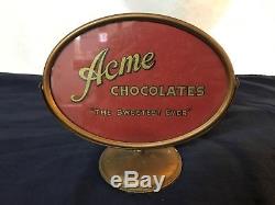 Vintage 100 Year Old Antique Brass Acme Chocolate Display Sign Patented 1918