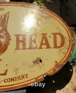Vintage 1920's Old Antique Very Rare Wolf's Head Oil Porcelain Enamel Sign Board