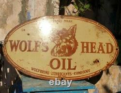 Vintage 1920's Old Antique Very Rare Wolf's Head Oil Porcelain Enamel Sign Board