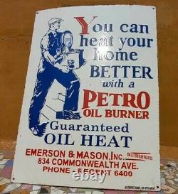 Vintage 1930's Old Antique Rare Petro Oil Burner Porcelain Enamel Sign Board