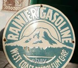 Vintage 1930's Old Antique Rare Rainier Gasoline Oil Porcelain Enamel Sign Board