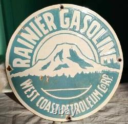 Vintage 1930's Old Antique Rare Rainier Gasoline Oil Porcelain Enamel Sign Board