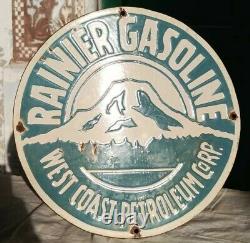 Vintage 1930's Old Antique Rare Rainier Gasoline Oil Porcelain Enamel Sign Board