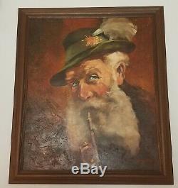 Vintage 1950s Framed Signed Painting Old Man With Pipe Oil on Canvas Midcentury