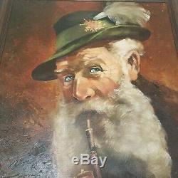 Vintage 1950s Framed Signed Painting Old Man With Pipe Oil on Canvas Midcentury