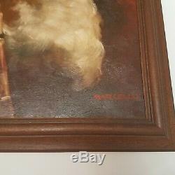 Vintage 1950s Framed Signed Painting Old Man With Pipe Oil on Canvas Midcentury