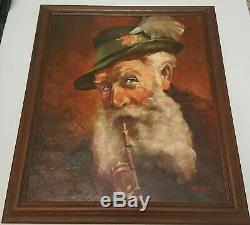 Vintage 1950s Framed Signed Painting Old Man With Pipe Oil on Canvas Midcentury