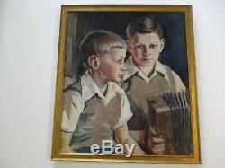 Vintage Antique 1940's Painting Portrait Young Boy Male Musician Accordion Old