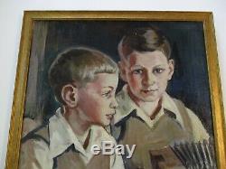 Vintage Antique 1940's Painting Portrait Young Boy Male Musician Accordion Old