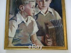 Vintage Antique 1940's Painting Portrait Young Boy Male Musician Accordion Old