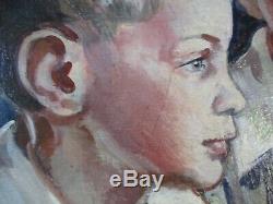 Vintage Antique 1940's Painting Portrait Young Boy Male Musician Accordion Old