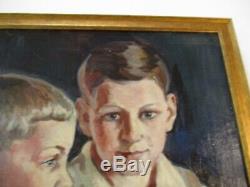 Vintage Antique 1940's Painting Portrait Young Boy Male Musician Accordion Old