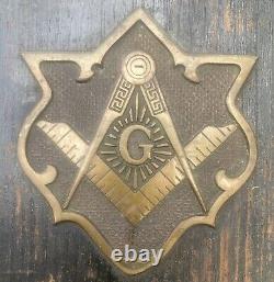 Vintage Antique Masonic Lodge Brass Wood Sign Metal Old Freemason Symbol