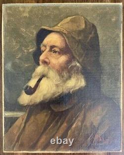 Vintage Antique Northeast Fisherman Old Man Portrait Man with Pipe Signed Oil