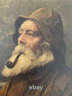 Vintage Antique Northeast Fisherman Old Man Portrait Man with Pipe Signed Oil